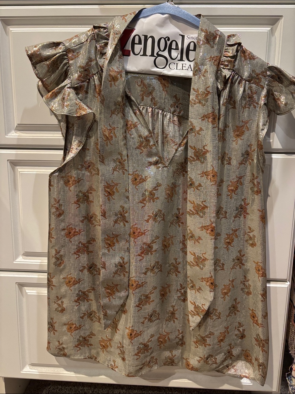 PAIGE Metallic Gold Floral Tie-Neck Ruffle Camisole